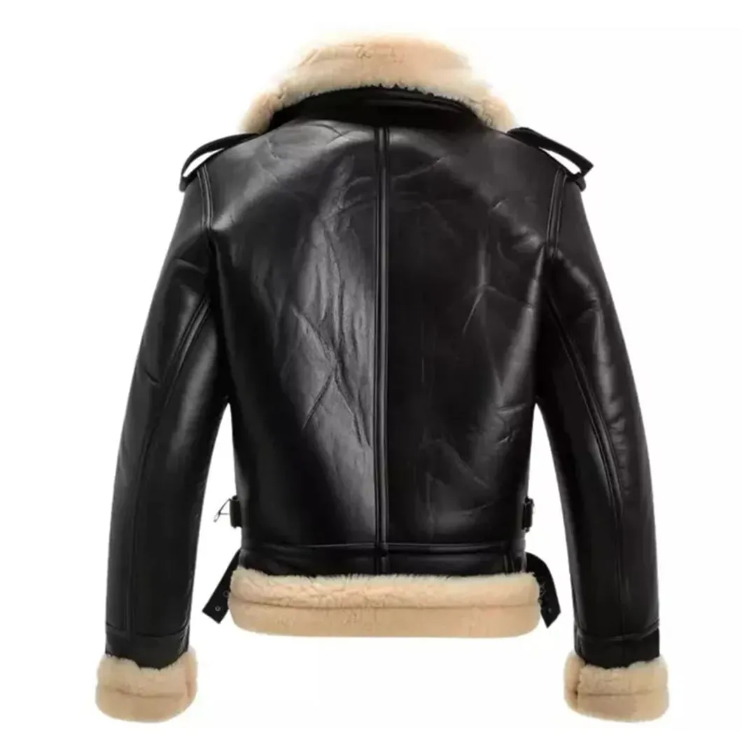 Men's Black Faux Shearling Aviator Bomber Leather Jacket