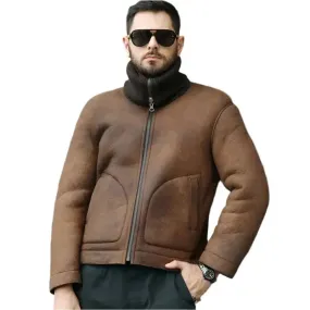 Men's Brown Shearling Lapel Jacket for Winter