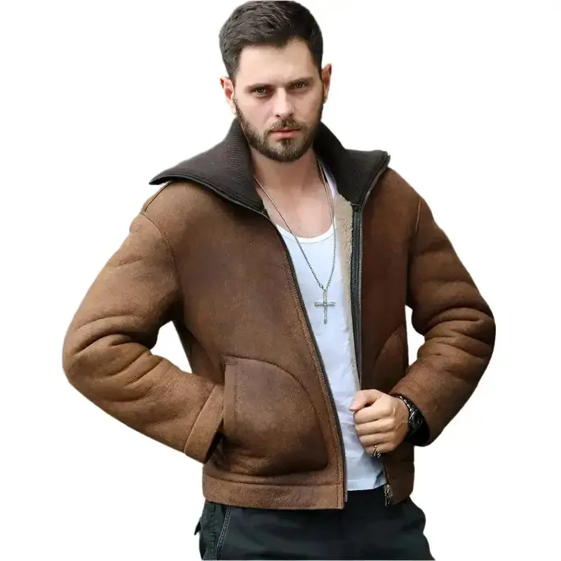 Men's Brown Shearling Lapel Jacket for Winter
