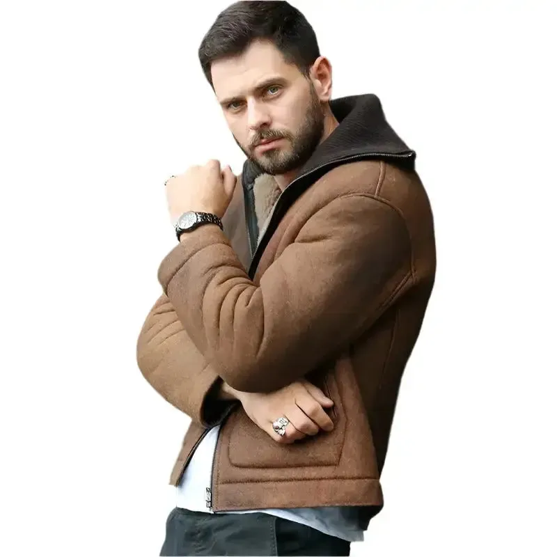 Men's Brown Shearling Lapel Jacket for Winter