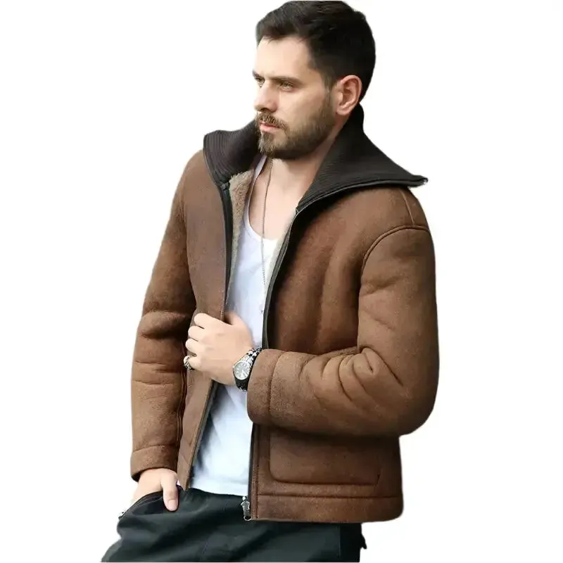 Men's Brown Shearling Lapel Jacket for Winter