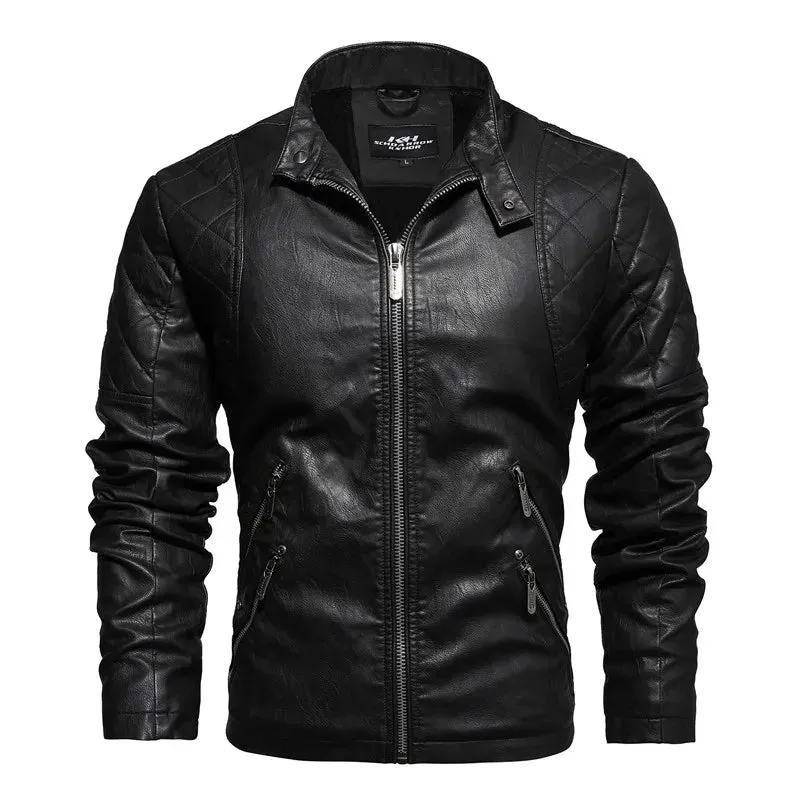 Men's Leather Motorcycle Casual Fleece Biker Jacket