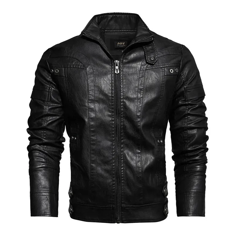 Men's Leather Motorcycle Casual Fleece Biker Jacket