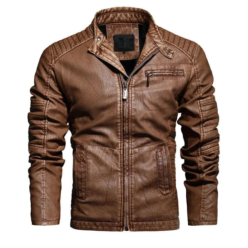 Men's Leather Motorcycle Casual Fleece Biker Jacket