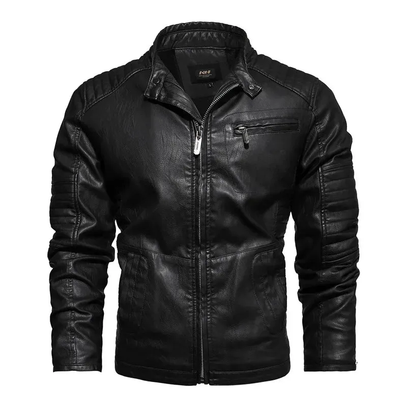 Men's Leather Motorcycle Casual Fleece Biker Jacket