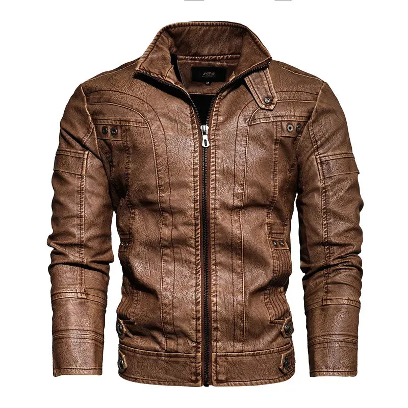 Men's Leather Motorcycle Casual Fleece Biker Jacket