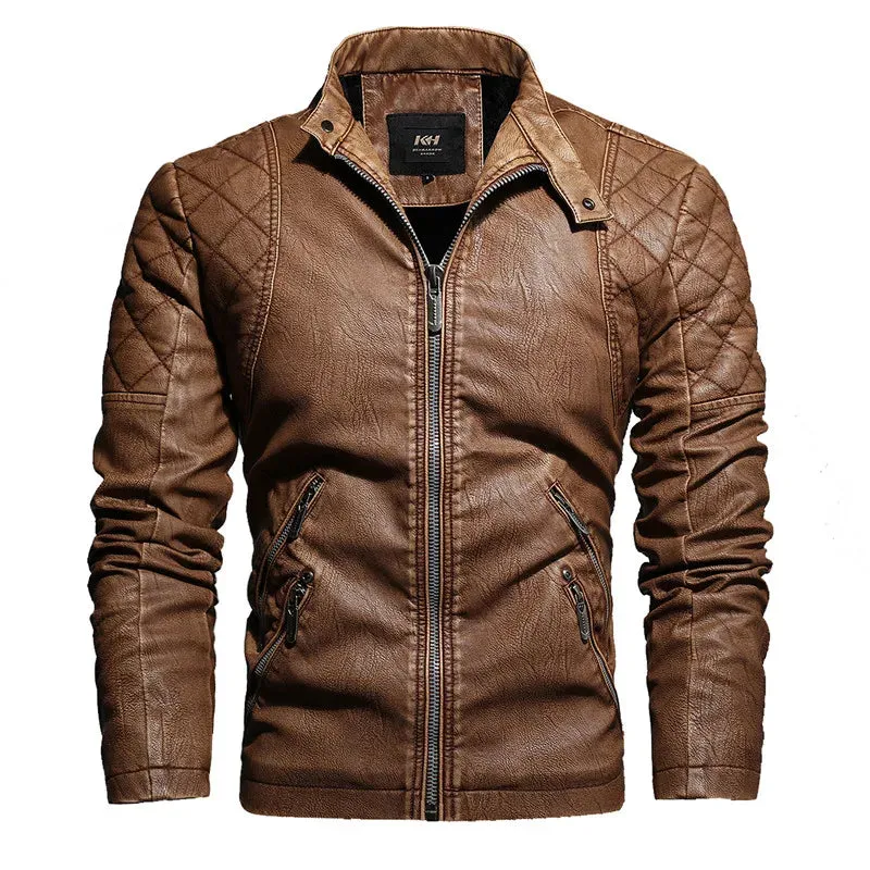 Men's Leather Motorcycle Casual Fleece Biker Jacket