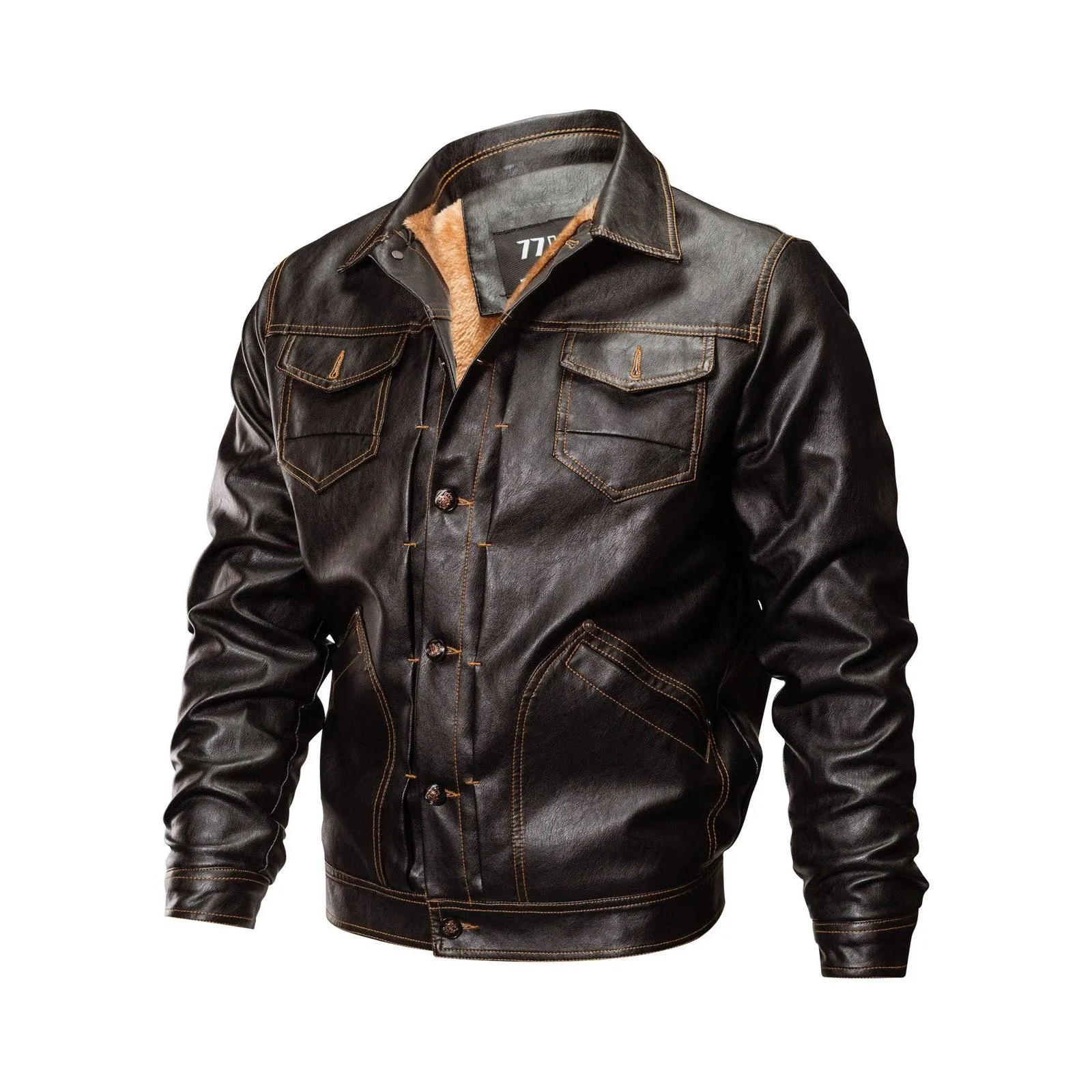 Men's Multi-Pocket Plus Fleece Leather Jacket