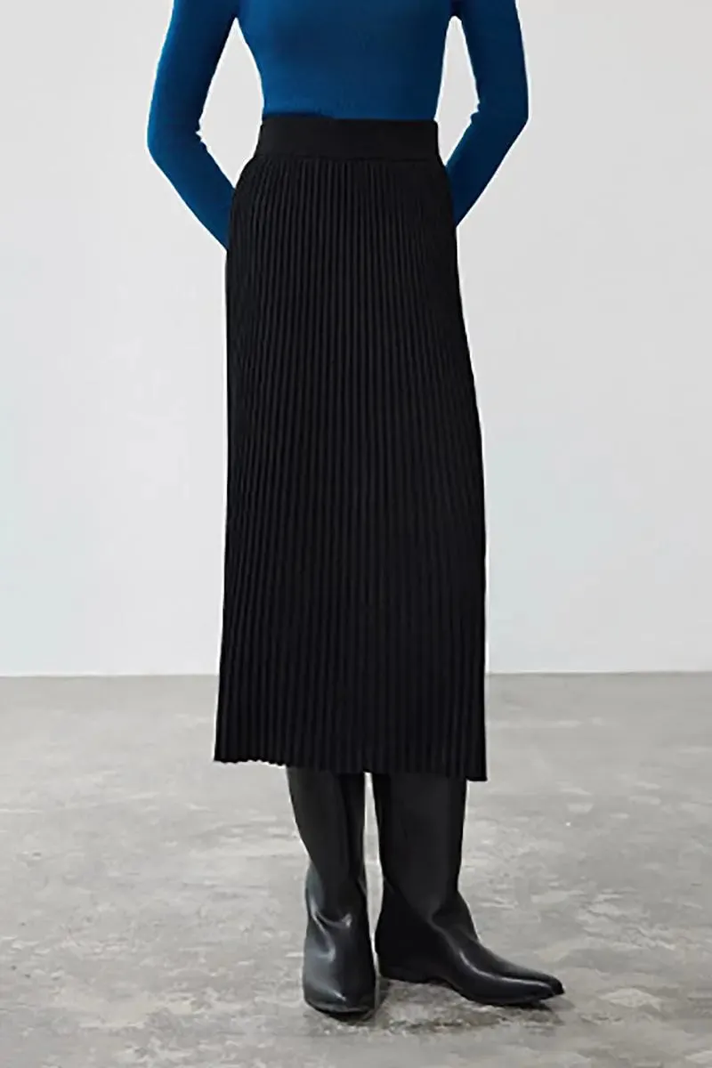 Merino Wool Rib Knit Pleated Midi Sweater Skirt