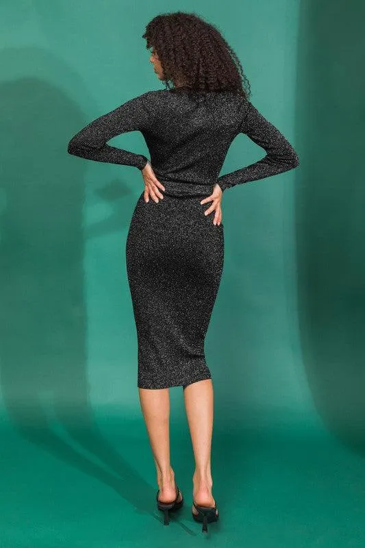 metallic thread ribbed knit midi dress