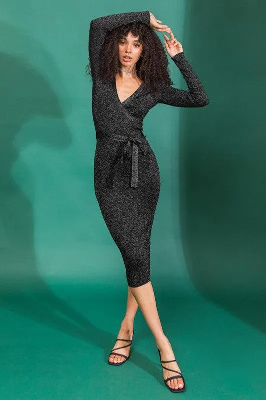 metallic thread ribbed knit midi dress