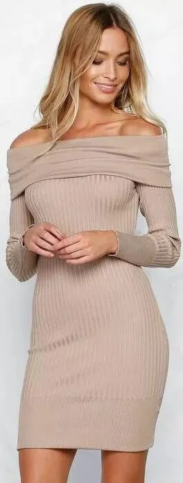 Off Shoulder Bodycon Knitting Long Sweater