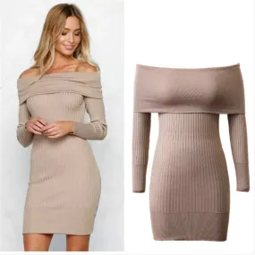 Off Shoulder Bodycon Knitting Long Sweater