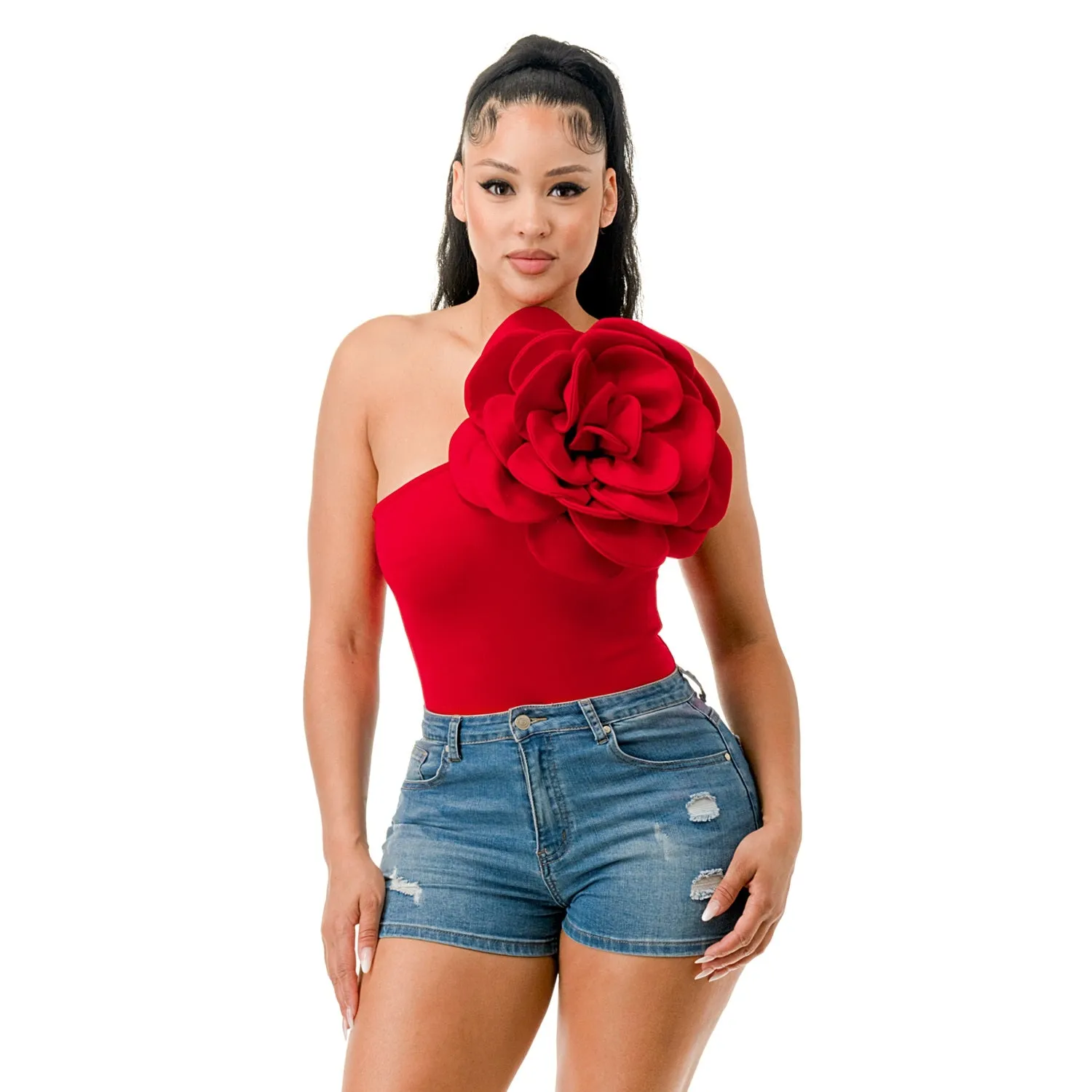 One Shoulder Flower Detail Ruby Bodysuit
