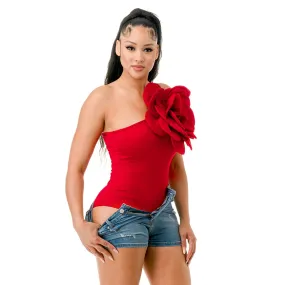 One Shoulder Flower Detail Ruby Bodysuit