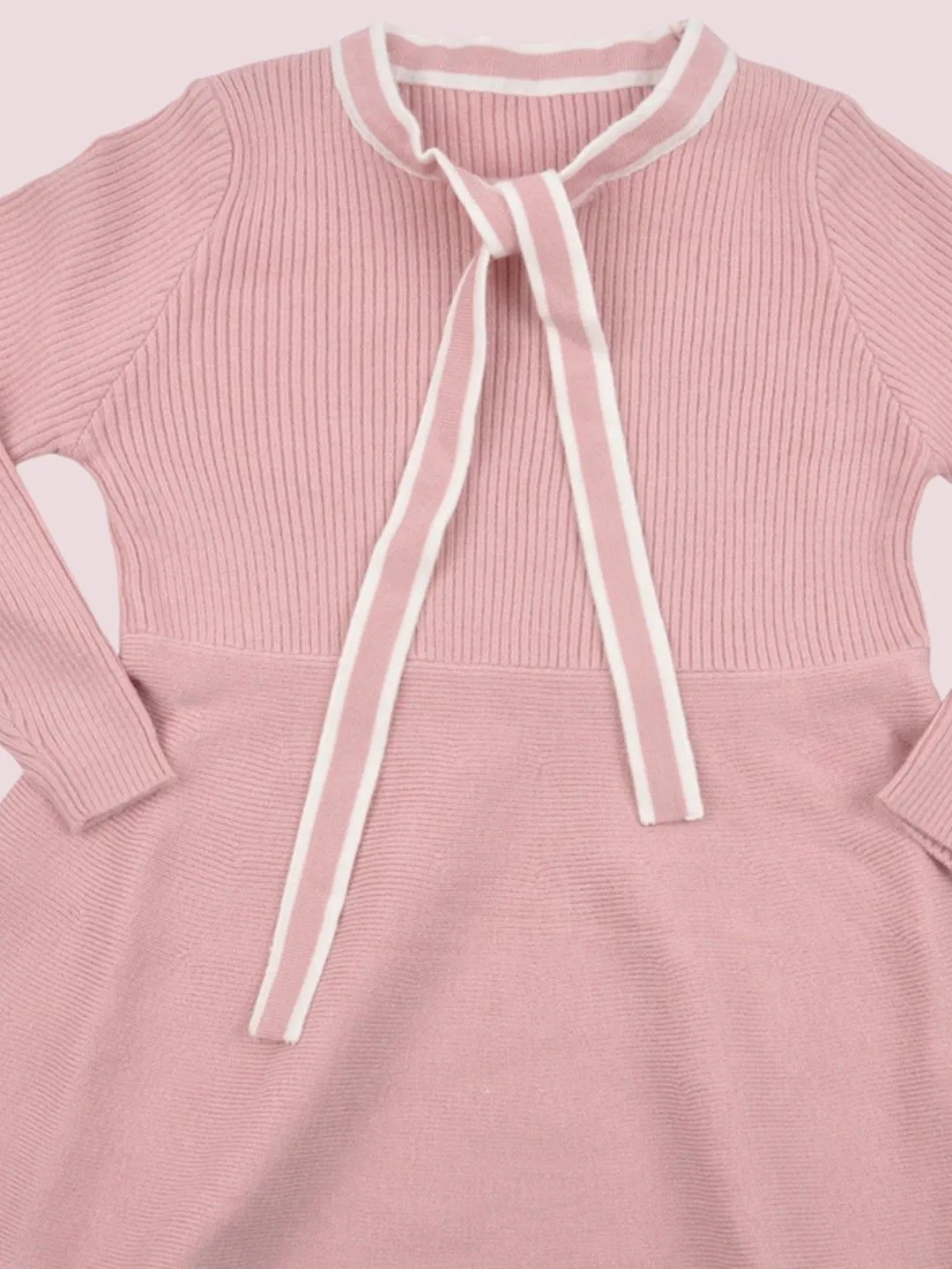 Pink Long-Sleeve Knitted Dress with Bow Tie Collar for Girls