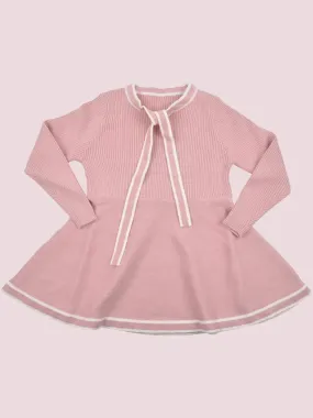 Pink Long-Sleeve Knitted Dress with Bow Tie Collar for Girls