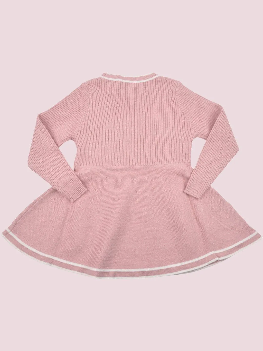 Pink Long-Sleeve Knitted Dress with Bow Tie Collar for Girls