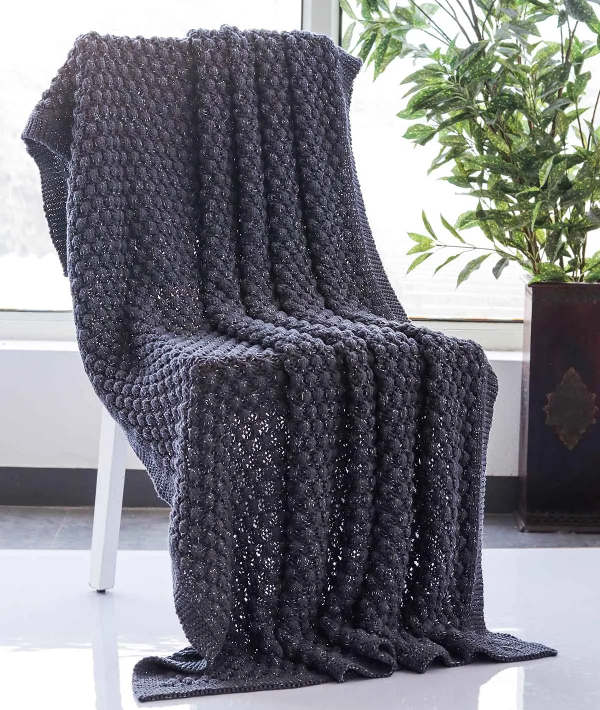 Popcorn Dark Grey with Silver Metallic Yarn 100% Cotton Knitted All Season AC Throw Blanket
