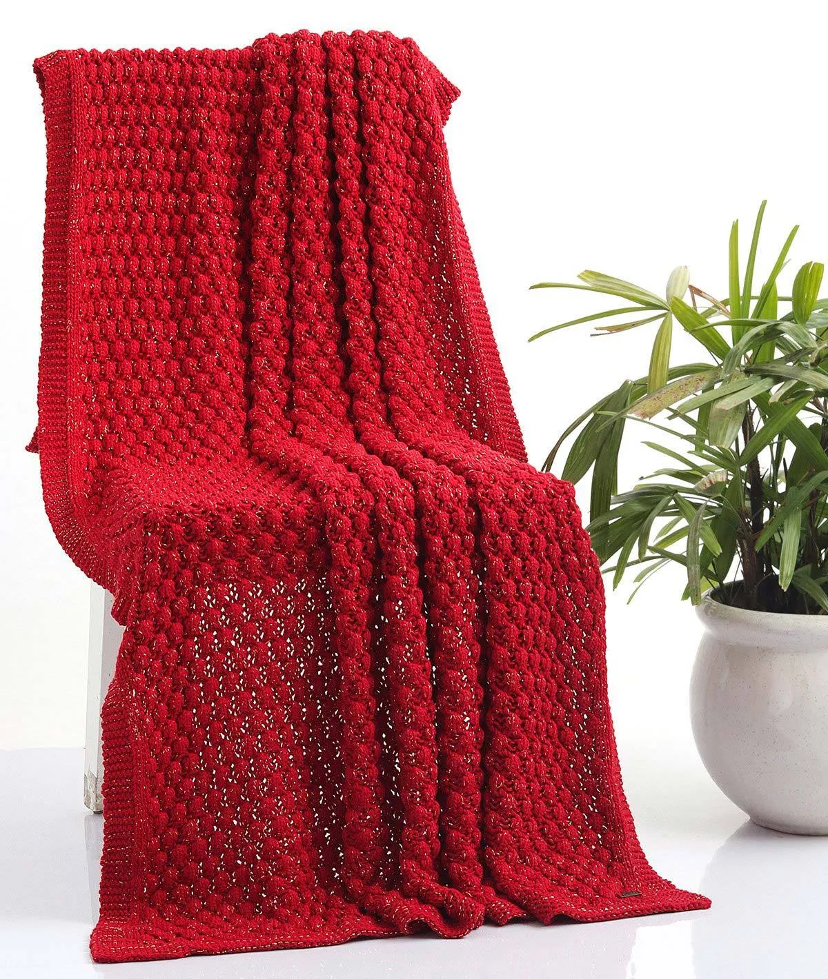 Popcorn - Red with Gold Metallic Yarn 100% Cotton Knitted All Season AC Throw Blanket