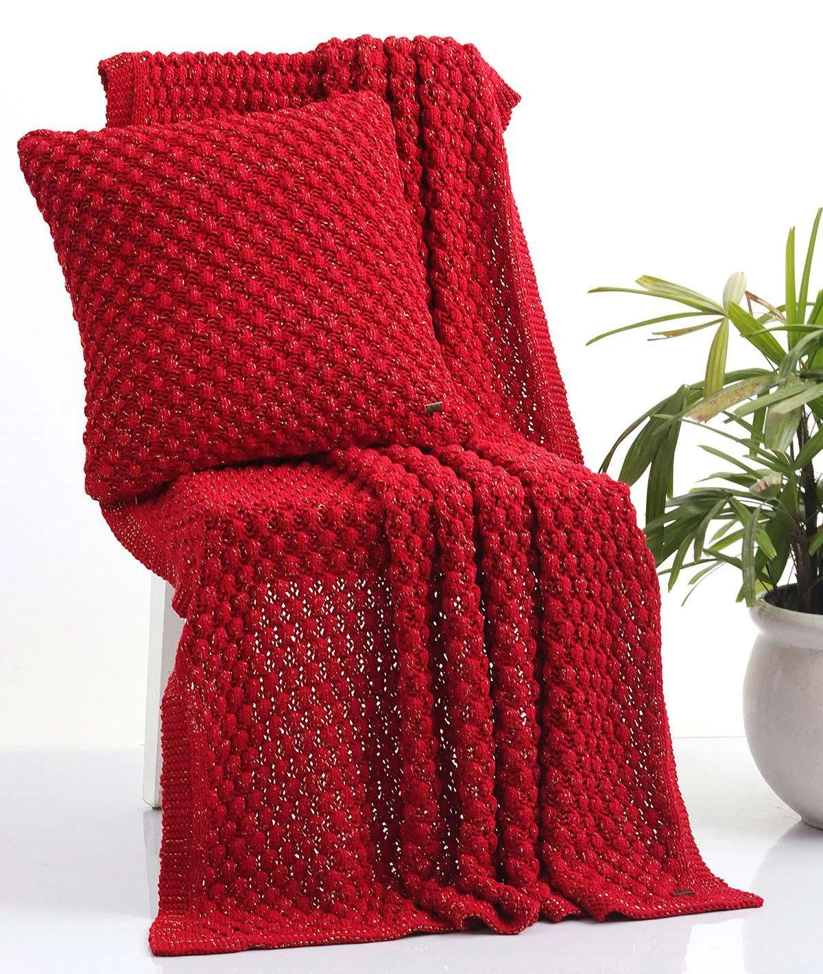 Popcorn - Red with Gold Metallic Yarn 100% Cotton Knitted All Season AC Throw Blanket