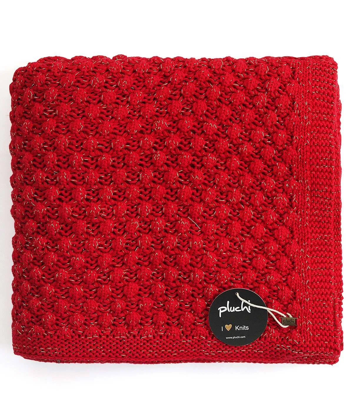 Popcorn - Red with Gold Metallic Yarn 100% Cotton Knitted All Season AC Throw Blanket