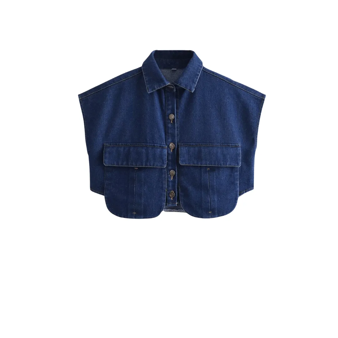Pre Order:  Double Pockets Cropped Denim Vest