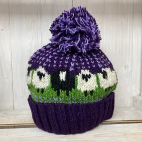 Purple Sheep Bobble Hat (100% Hand Knitted Wool)
