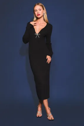 "Holiday Dreaming" Black Long Sleeve Sweater Maxi Dress w/ Rhinestone Bow Detail