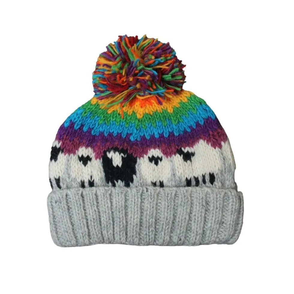 Rainbow Sheep Bobble Hat (100% Hand Knitted Wool)