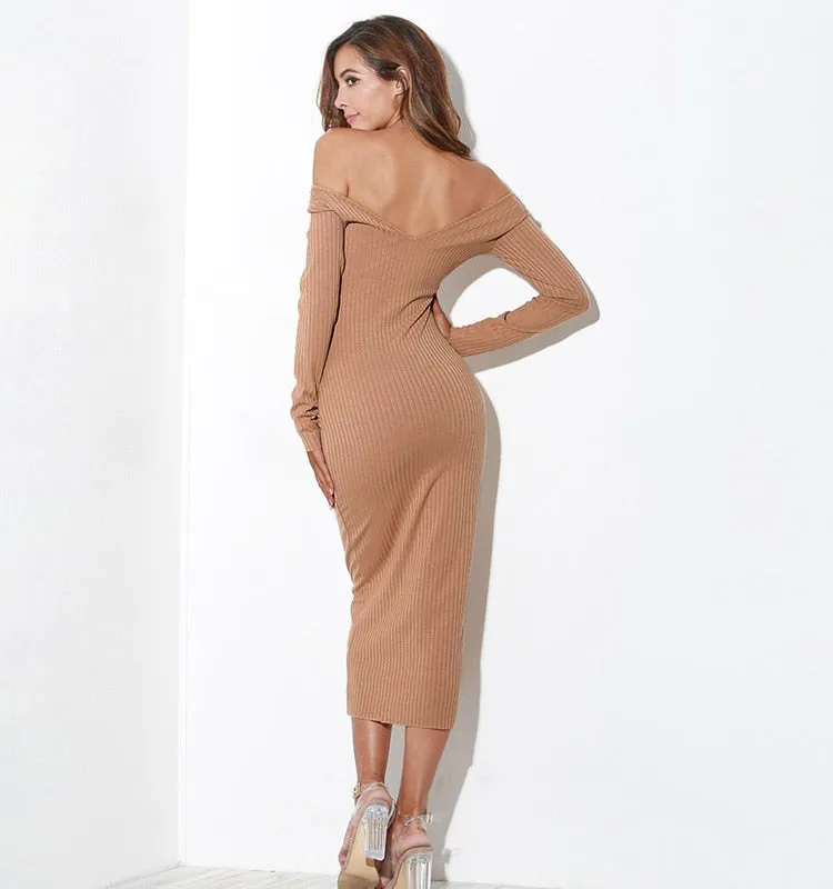 Ribbed Below The Knee Sweater Dress