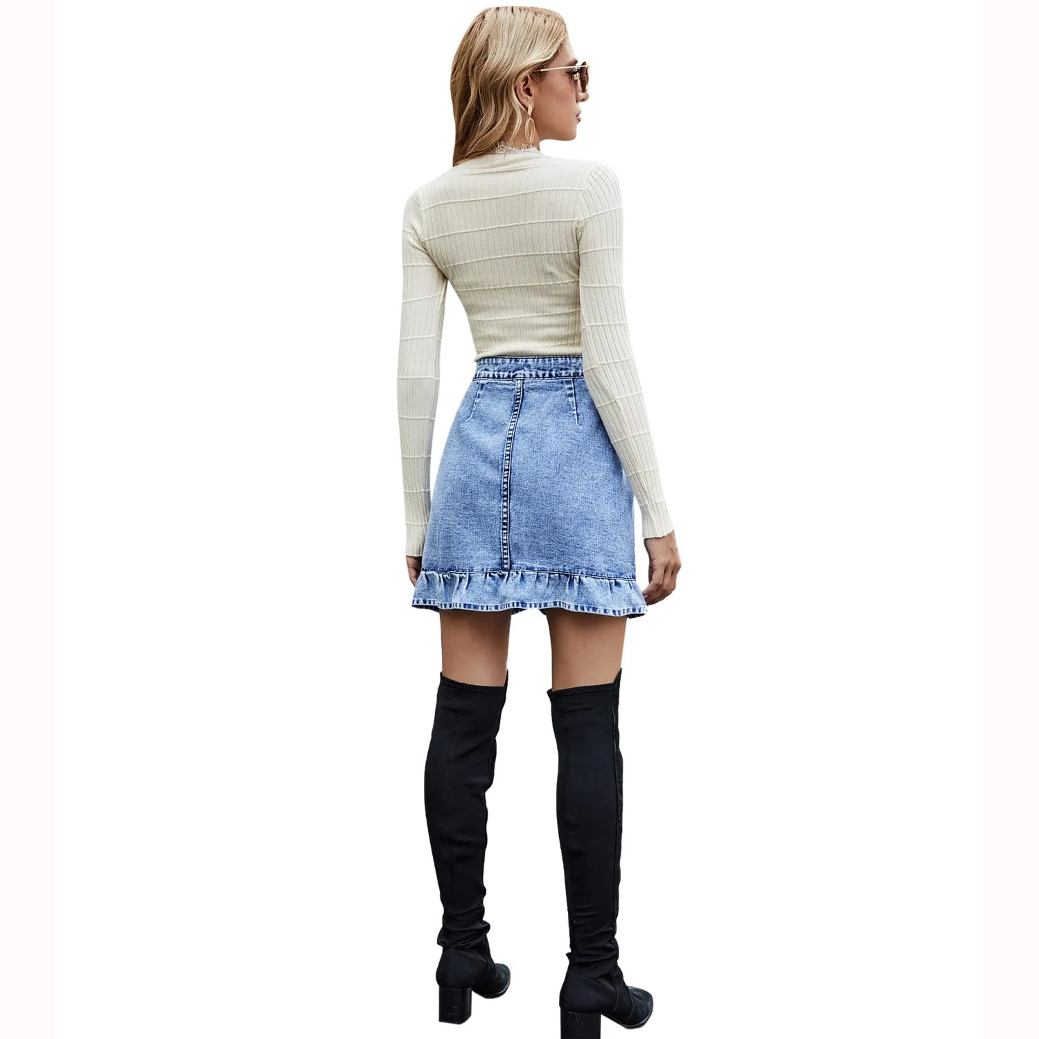 Ruffle High Waist Denim Skirt