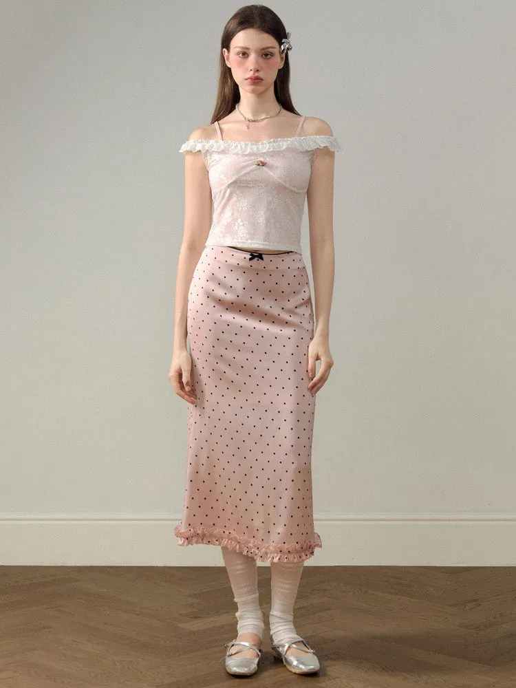 Satin Dot Lace frill Cute Long-Skirt