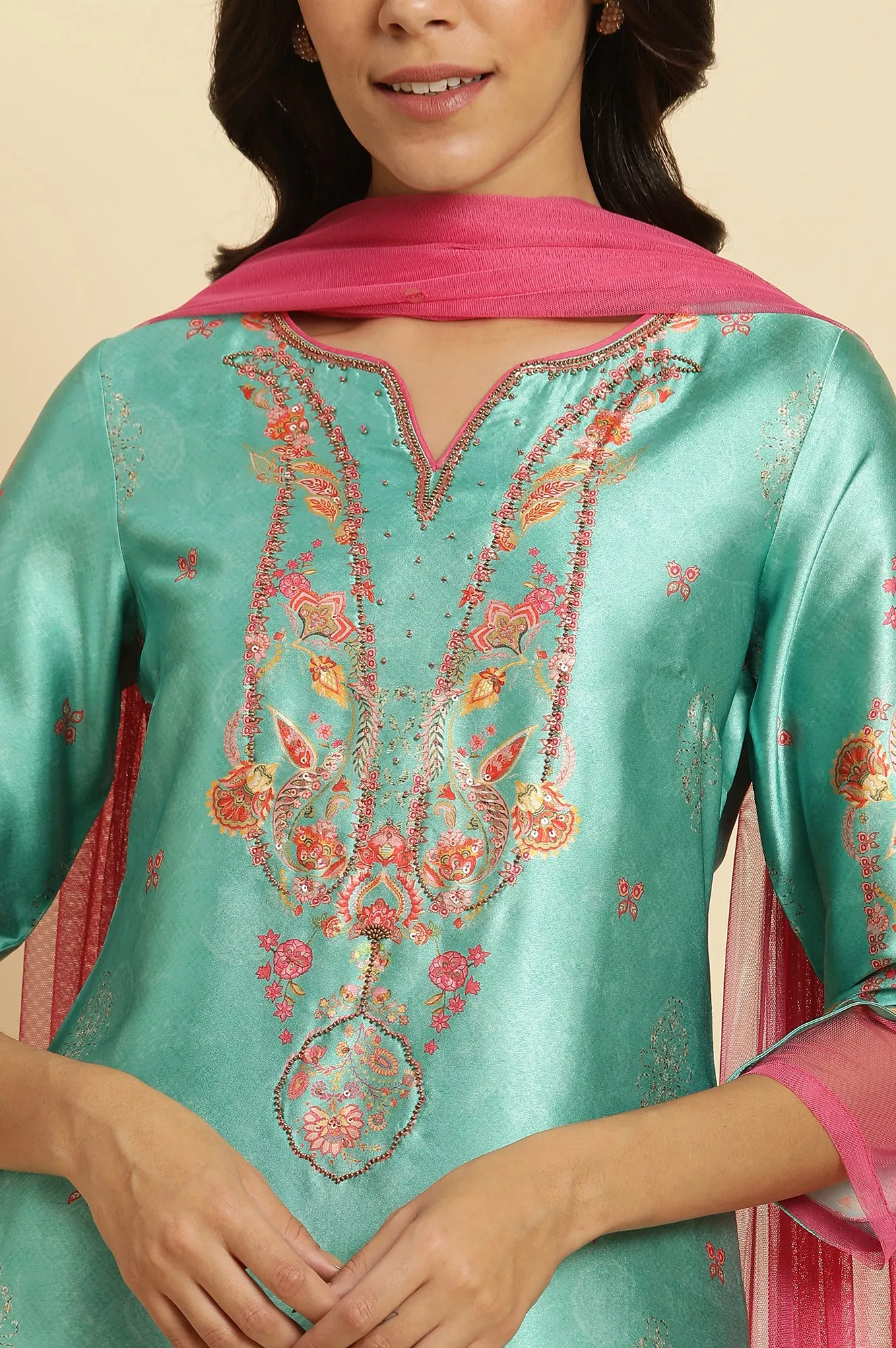 Sea Green Digital Printed Kurta, Pants & Dupatta Set