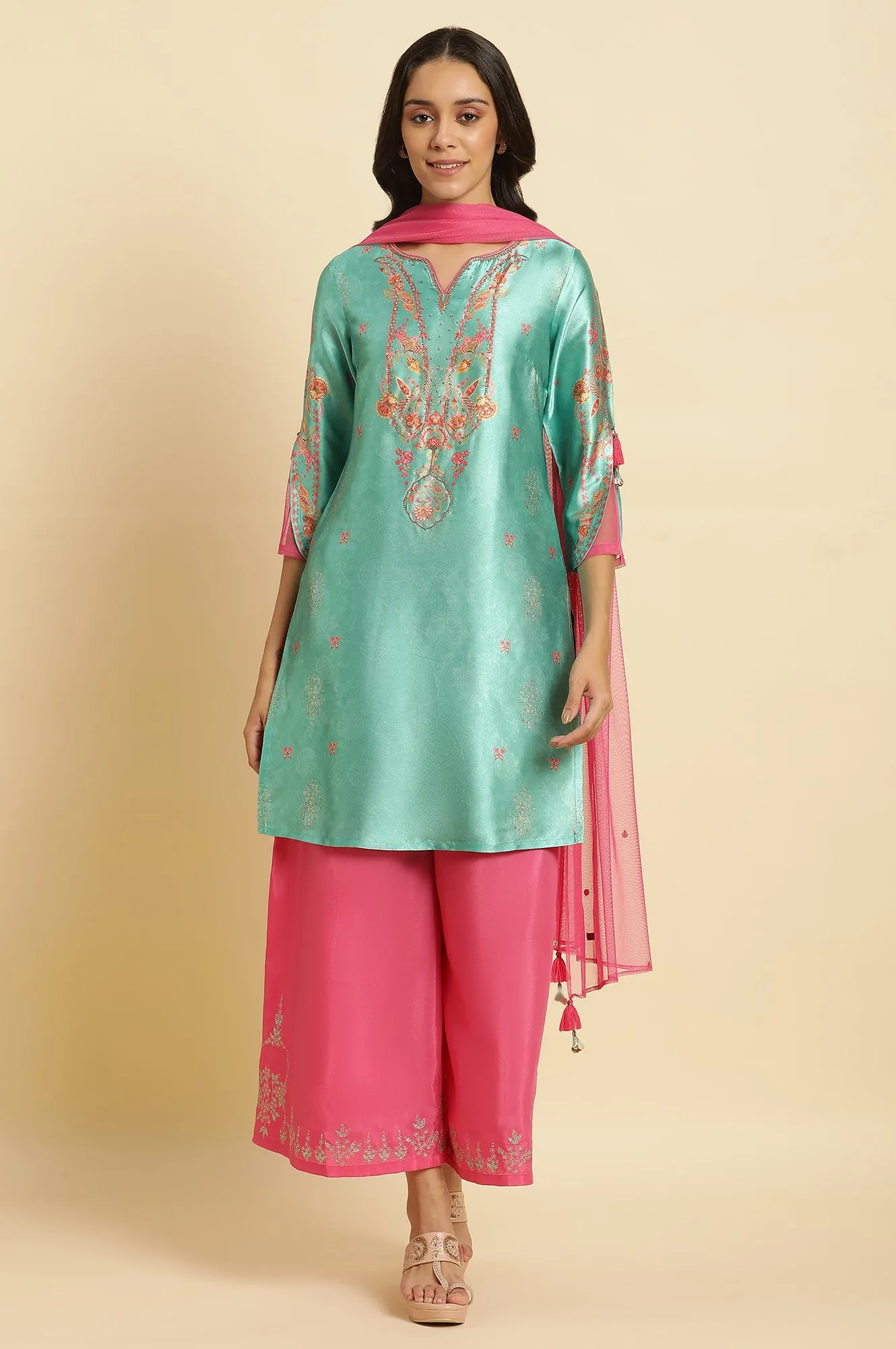 Sea Green Digital Printed Kurta, Pants & Dupatta Set