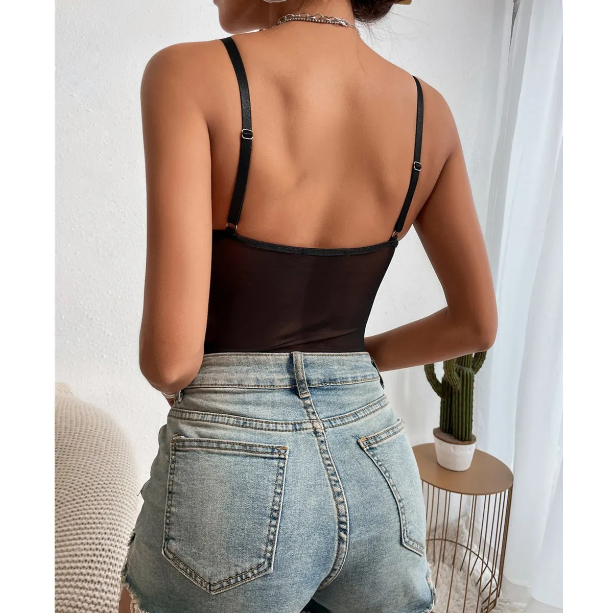 Sensuous Sheer Lace and Mesh Panel Jumpsuit with Open Back