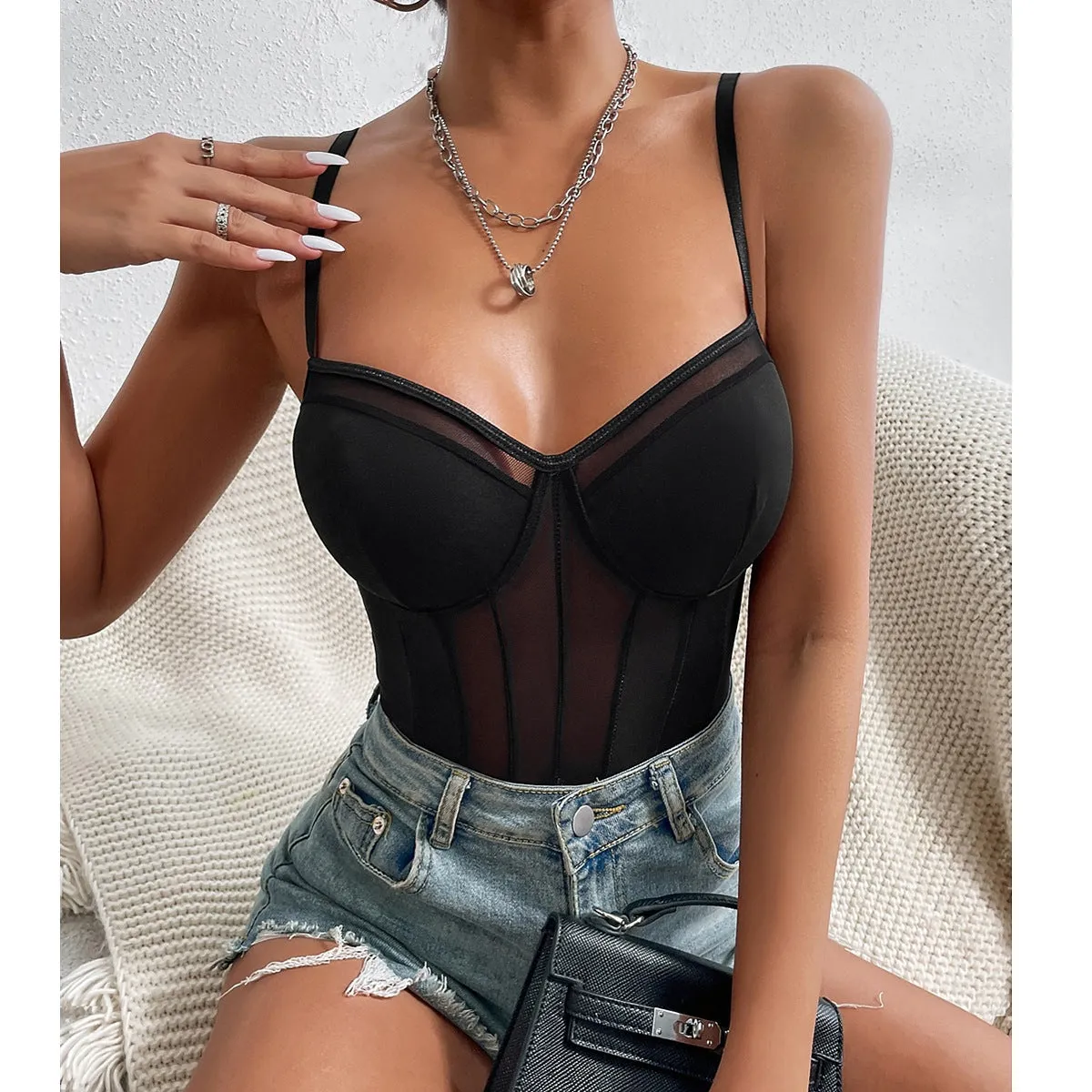 Sensuous Sheer Lace and Mesh Panel Jumpsuit with Open Back