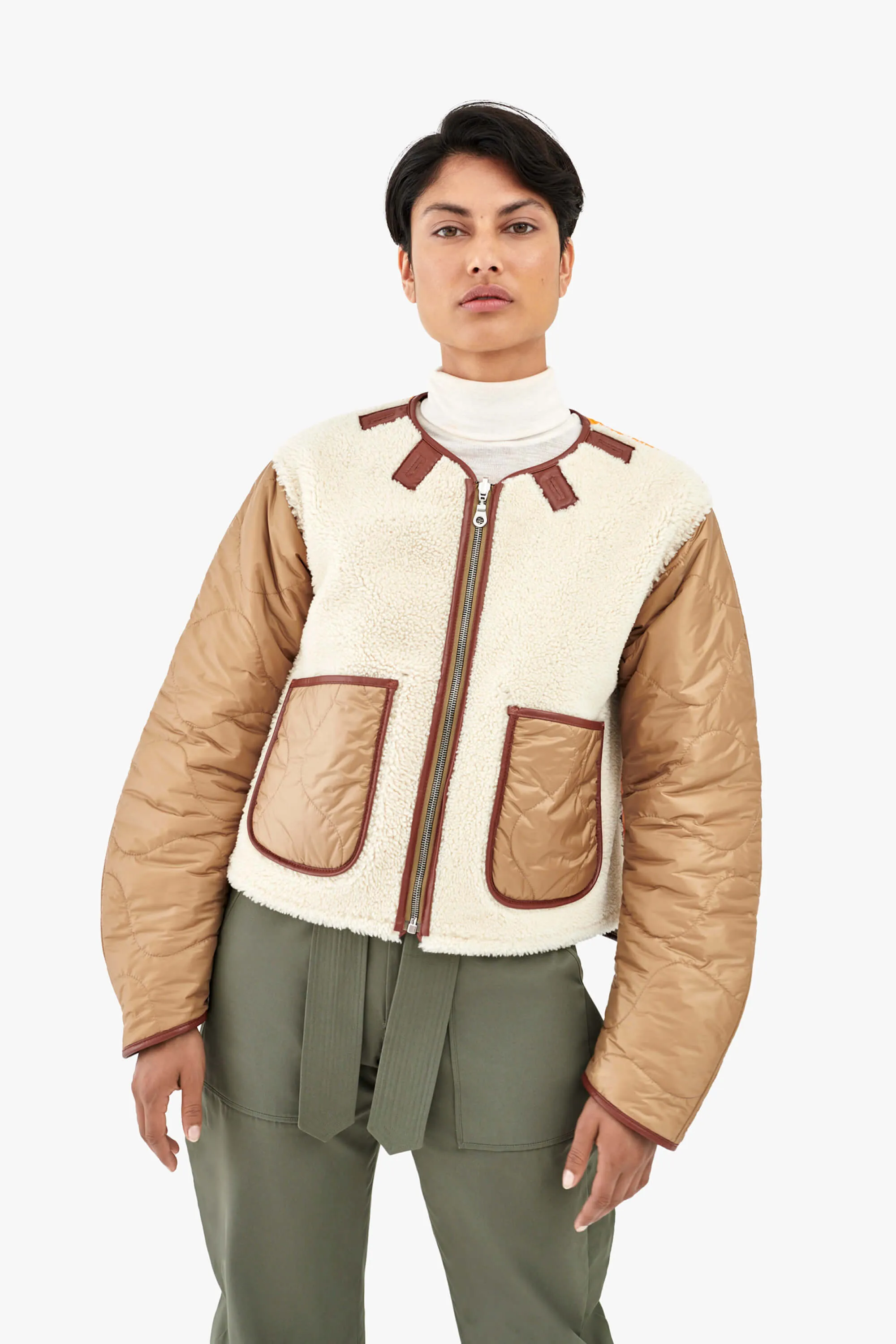 Shearling Cropped Aviator Quilt Jacket - Tan / Natural