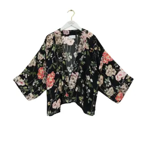 Short 'Trailing Blossom Black' Crepe Kimono by One Hundred Stars