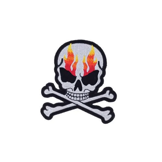 Silver Metallic Flaming Skull and Crossbones Patch