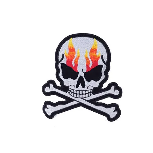 Silver Metallic with Flames Skull Crossbones Patch