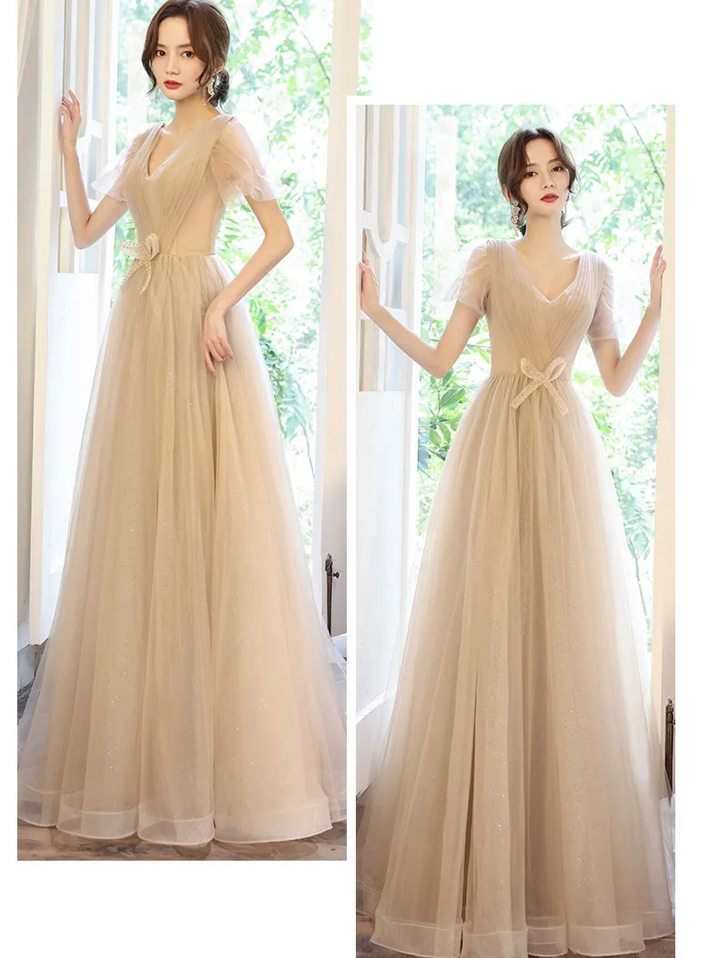 Simple A line Champagne Long Prom Dress, Champagne Bridesmaid Dress