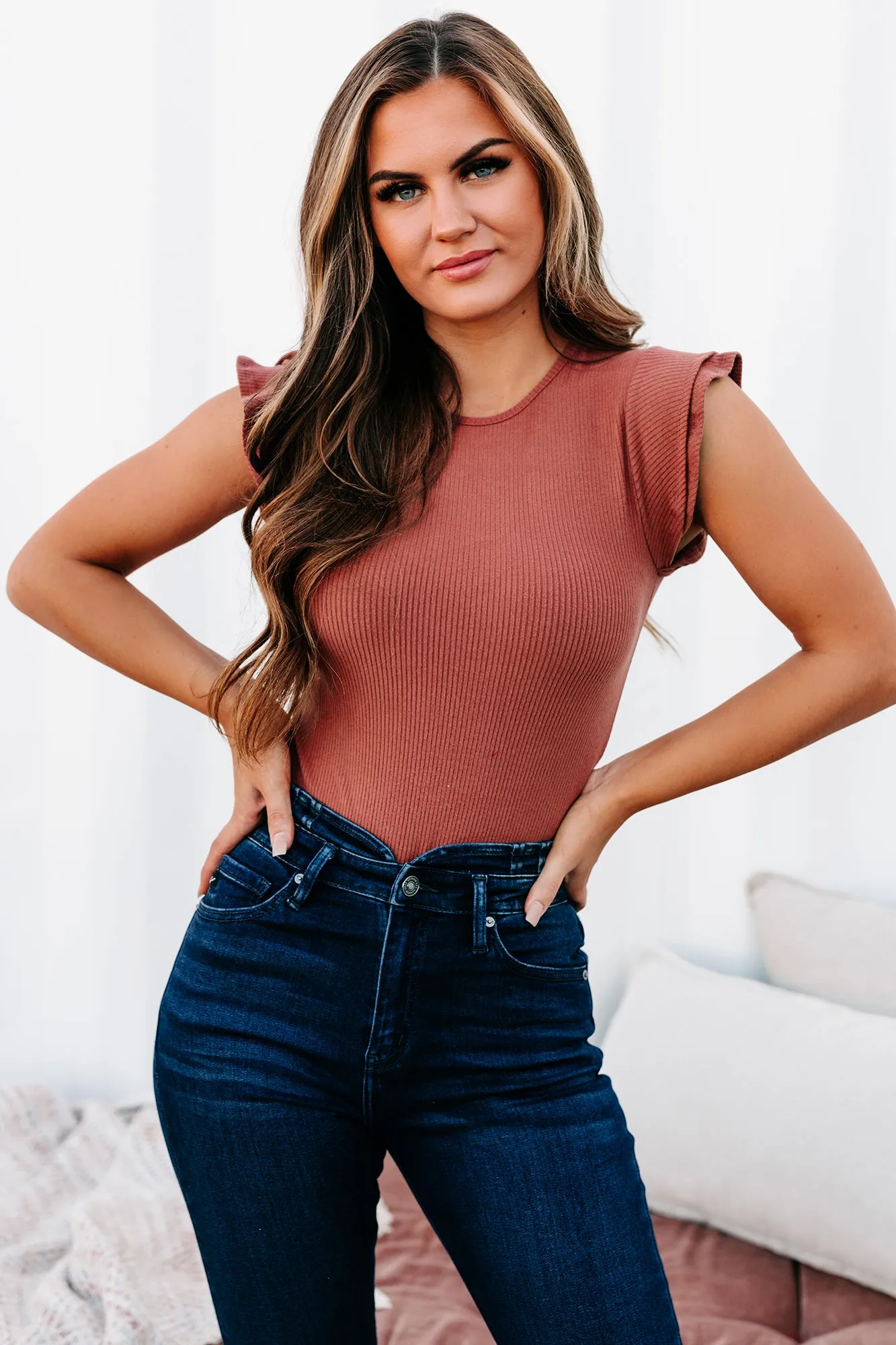 Simply Darling Ribbed Ruffle Sleeve Bodysuit (Terracotta)