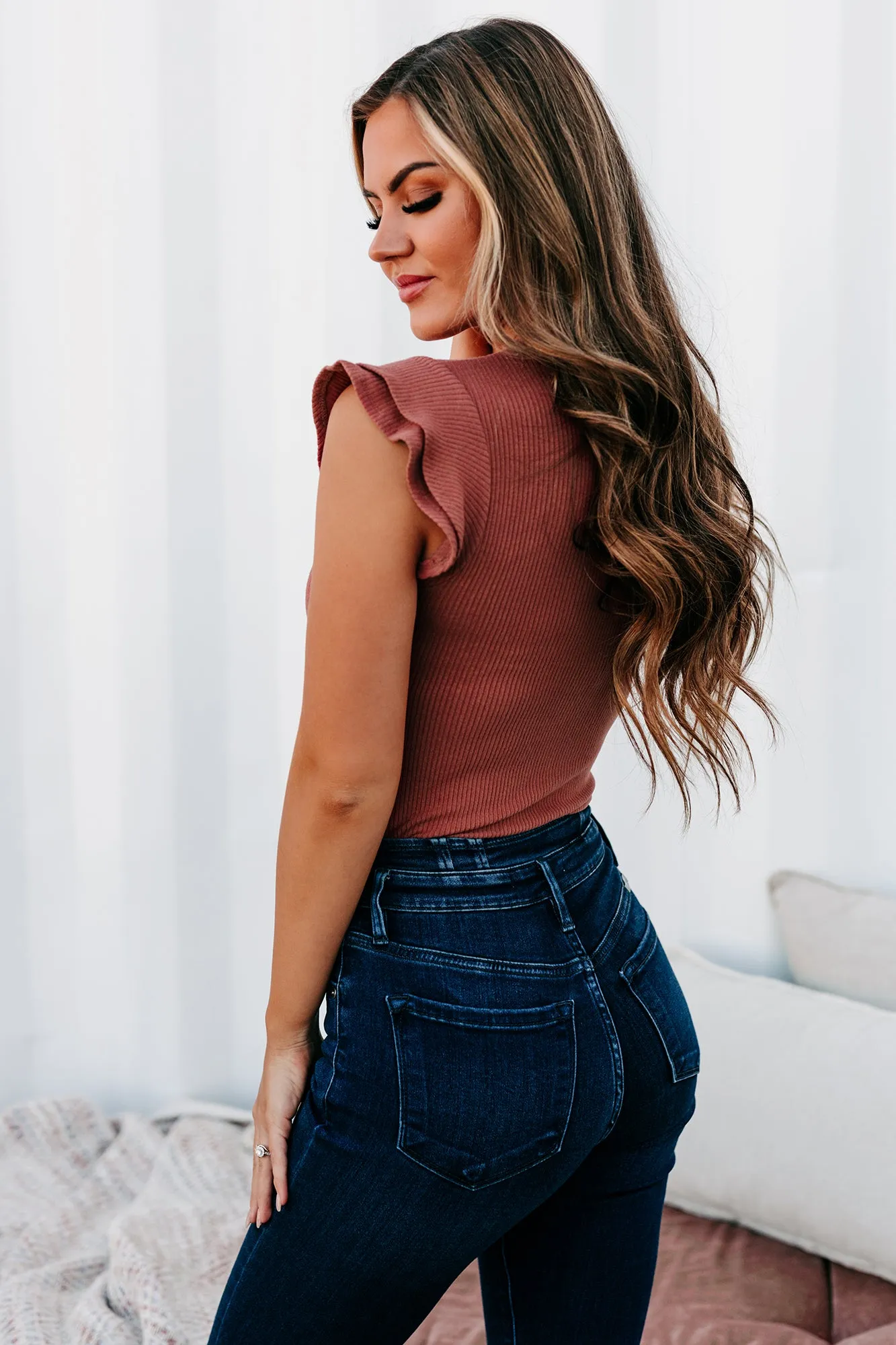 Simply Darling Ribbed Ruffle Sleeve Bodysuit (Terracotta)