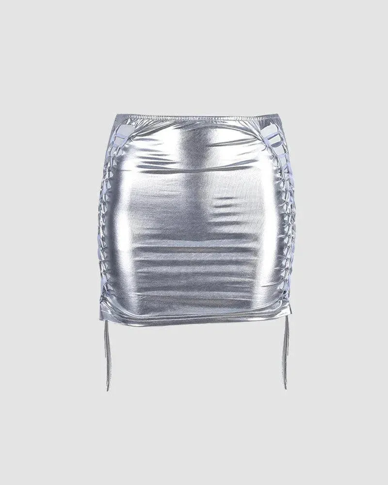 Solaria – Side shoelace detail – Metallic mini skirt