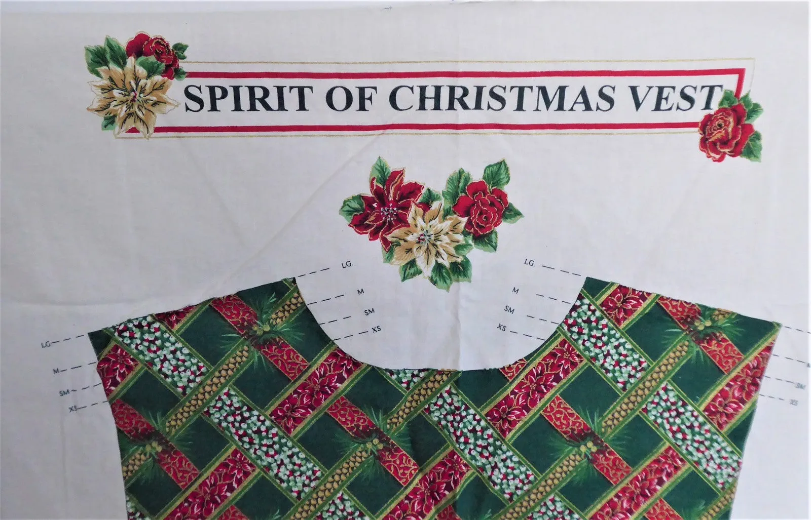 Spirit Of Christmas Vest Fabric Panel Cut And Sew Xmas Holly Roses Plaid Gold