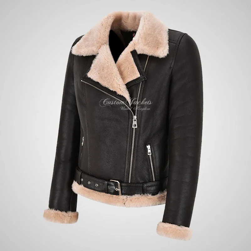 SPLENDOR Ladies Sheepskin Jacket Shearling Pilot/Biker Jacket
