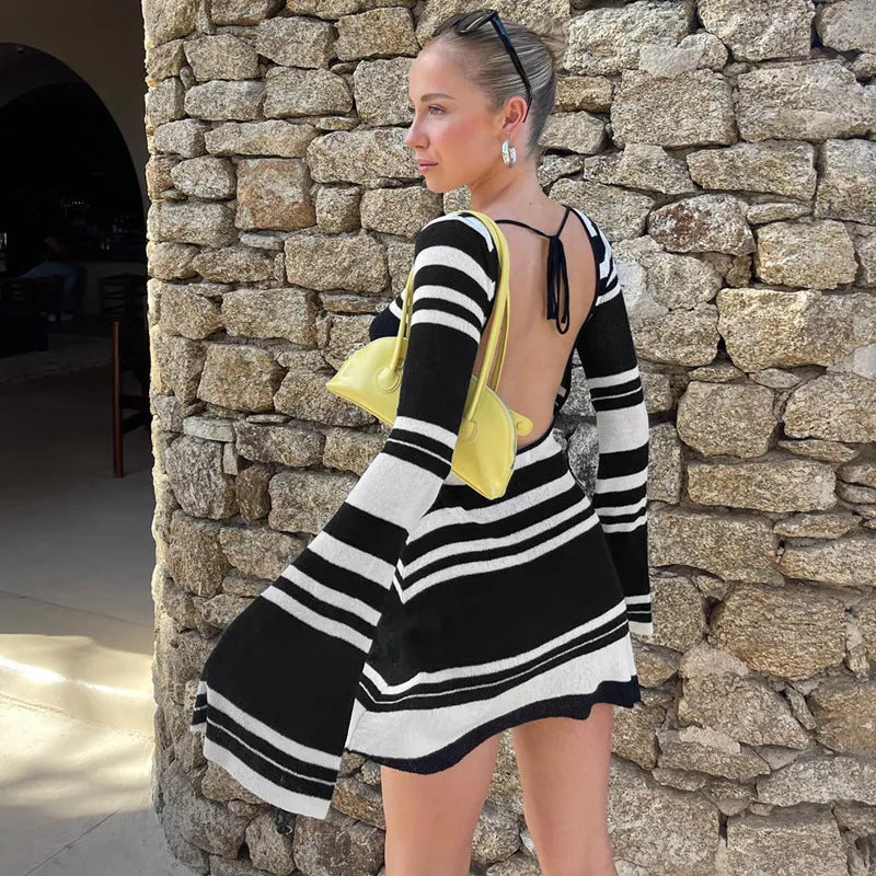 Striped Knit Sweater Backless Flared Sleeve Tie-Waist Dress