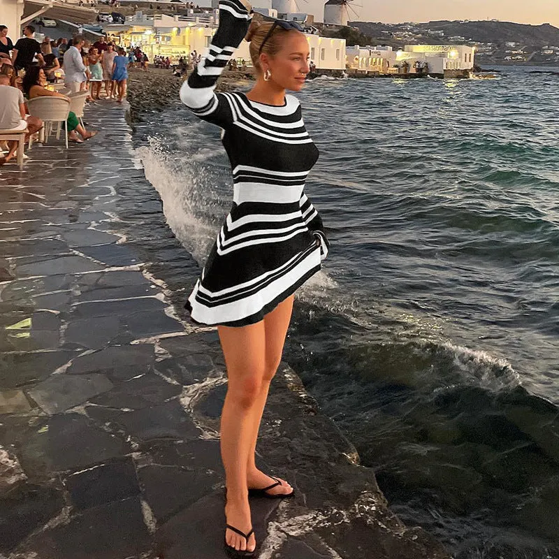 Striped Knit Sweater Backless Flared Sleeve Tie-Waist Dress