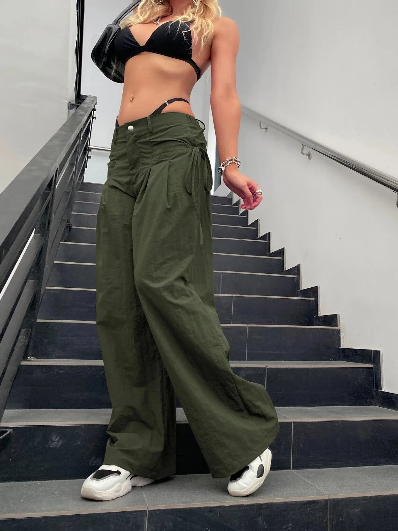 Tie Side Parachute Wide Leg Cargo Pants
